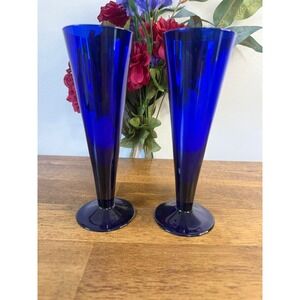 Vintage Cobalt Blue Champagne Flutes Set of 2 Tall Trumpet Stemmed Glasses Decor